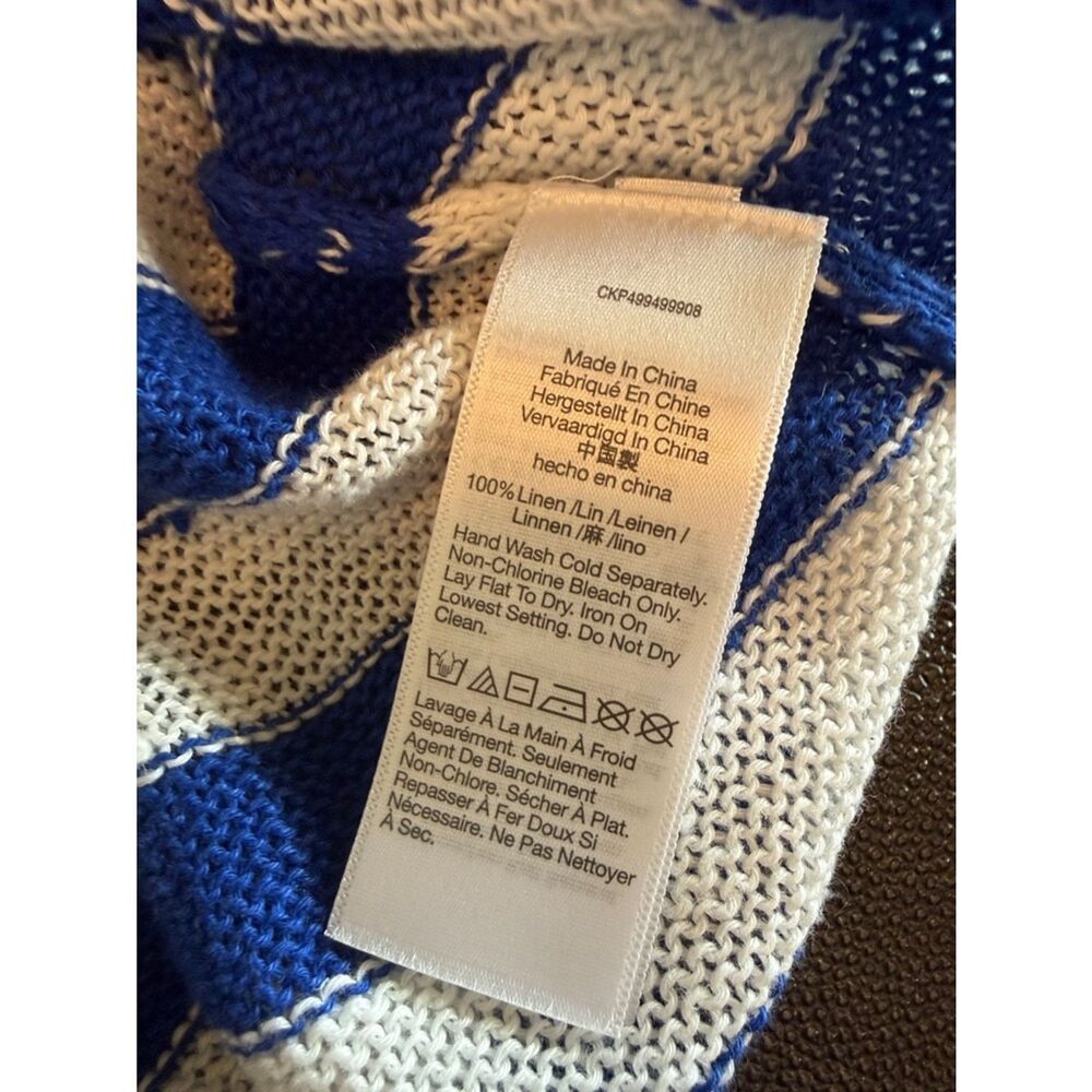 Madewell Blue and White Striped V-Neck Linen Sweater rolled hemlines size Small - Picture 8 of 13
